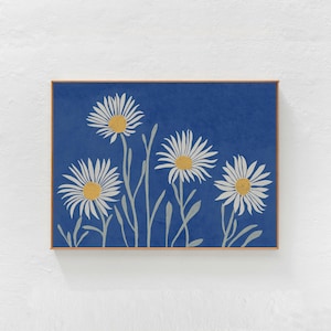 Daisies: Blue wall decor, horizontal downloadable art print for living room, bedroom, playroom dorm. Cottagecore floral printable art  24x36
