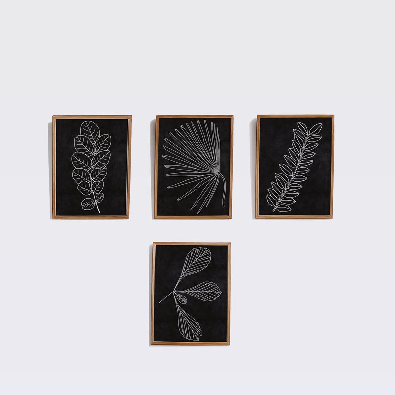 Botanical Print Set of 4 DIGITAL DOWNLOADABLE Prints: Botanical Posters, Printable Art Print Set of 4, Black And White Prints Black Wall Art image 2