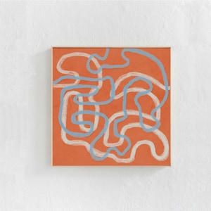 Red and Blue Squiggly Lines Wall Art, Printable Abstract Downloadable Art Print. Large, square high resolution artwork for DIY wall decor