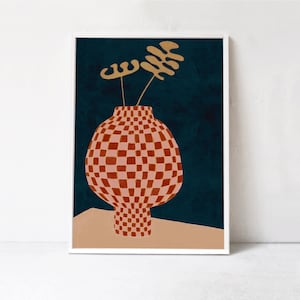 Contemporary, scandinavian style poster: abstract flowers in checkered vase illustration. Large printable art print in red, beige and dark blue.
Affordable wall decor for living room, dorm, entryway, kitchen, bedroom.
 DIGITAL DOWNLOADABLE PRINT