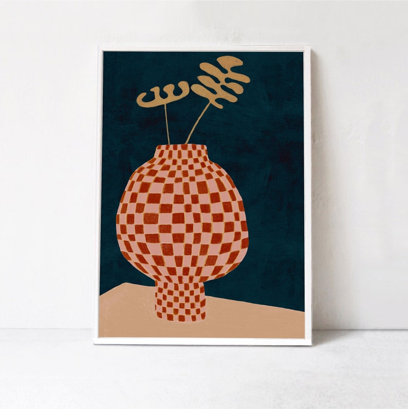Contemporary, scandinavian style poster: abstract flowers in checkered vase illustration. Large printable art print in red, beige and dark blue.
Affordable wall decor for living room, dorm, entryway, kitchen, bedroom.
 DIGITAL DOWNLOADABLE PRINT