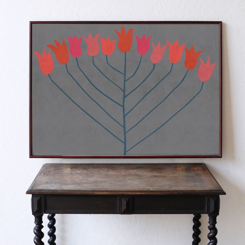 wall art Grey Red and pink downloadable art print Abstract Flower: Scandi Modern Poster Floral Printable Art Modern Boho Decor Boho Art