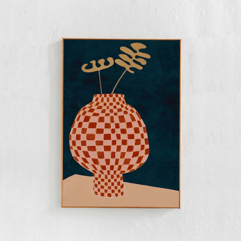 Contemporary, scandinavian style poster: abstract flowers in checkered vase illustration. Large printable art print in red, beige and dark blue.
Affordable wall decor for living room, dorm, entryway, kitchen, bedroom.
 DIGITAL DOWNLOADABLE PRINT