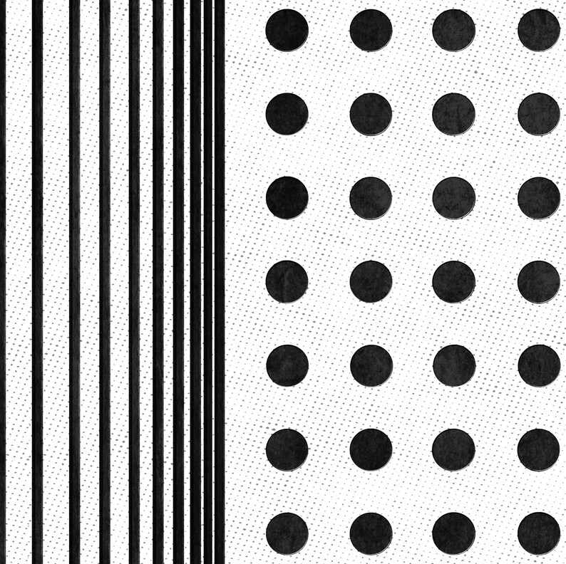 Puede incluir: Patr&oacute;n abstracto en blanco y negro con rayas verticales a la izquierda y una cuadr&iacute;cula de c&iacute;rculos negros a la derecha.
