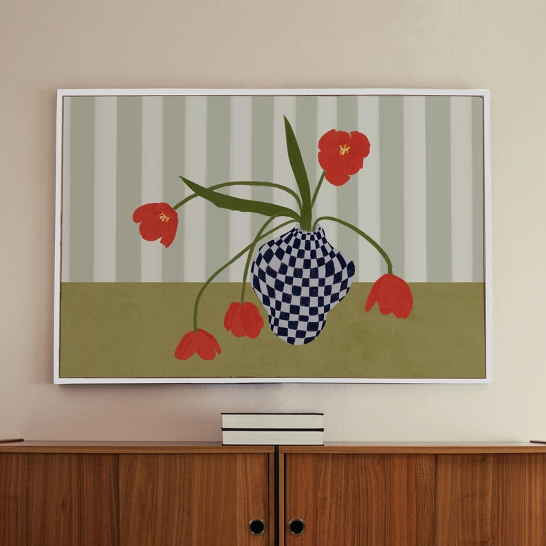 Contemporary, eclectic wall decor, Horizontal DOWNLOADABLE ART Print, Tulips in a Checkered Vase Printable Art Green Floral Digital Print image 7