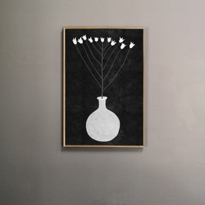 May include: A black and white illustration of a vase with a bouquet of white flowers. The vase is round and has a short neck. The flowers are simple and stylized.