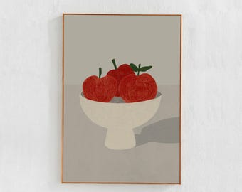 Still Life Apples: Digital Downloadable Art Print for Dining Room or Kitchen Decor. Printable Painting in Gray Red Tones
