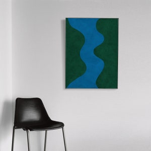 May include: Abstract art print featuring a blue wavy line against a green background. The print is framed in a black frame.