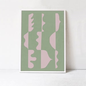 May include: Abstract art print with a green background and pink shapes. The shapes are arranged in a geometric pattern.