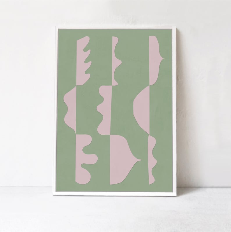 Shape study, abstract printable art. Pastel Green and Pink Decor, Digital downloadable print, Abstract contemporary wall art print poster A1 image 1