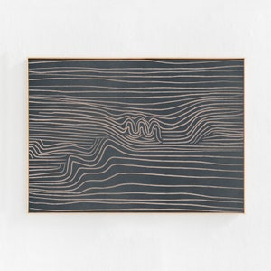 May include: Abstract art print with a black background and white lines creating a wavy pattern.