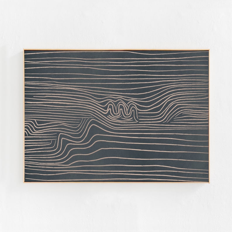 May include: Abstract art print with a black background and white lines creating a wavy pattern.
