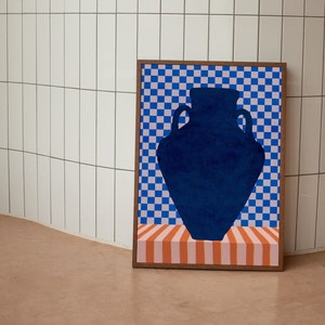 Blue vase on striped table illustration printable art. Blue and orange eclectic contemporary digital downloadable poster with stripes and checkered elements. Affordable interior art for living room, bedroom or dorm decor