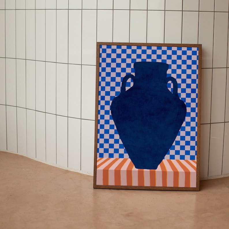 Blue vase on striped table illustration printable art. Blue and orange eclectic contemporary digital downloadable poster with stripes and checkered elements. Affordable interior art for living room, bedroom or dorm decor