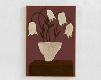 Eclectic home decor, Digital downloadable art print, White Flowers in a Vase, Still life printable art, Kitchen / living room wall art