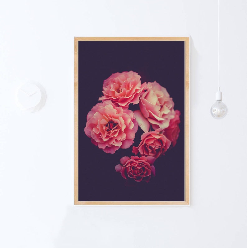 Dark Florals Wall Art Print Pink Roses Print Floral Digital Etsy