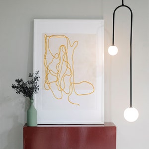 minimalist, contemporary line art drawing.Abstract, white , yellow and beige art print for budget friendly decor, interior styling, large format poster printable art