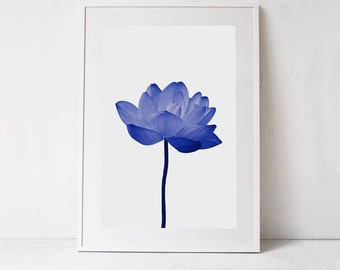 Blue Lotus Flower Print: Floral Art. Blue Wall Art Downloadable Art Print, Scandinavian style poster. Large Printable Art Blue Minimal Art