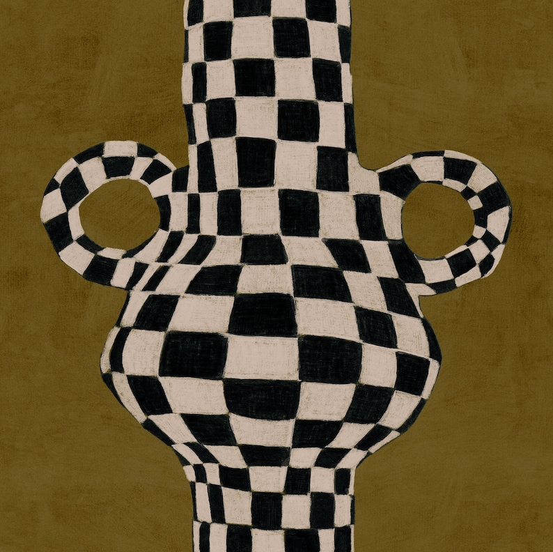 Pode incluir: Um vaso de cer&acirc;mica preto e branco xadrez com um design abstrato &uacute;nico. O vaso tem duas al&ccedil;as arredondadas e um corpo bulboso.