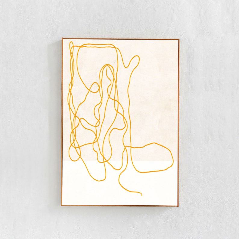 minimalist, contemporary line art drawing.Abstract, white , yellow and beige art print for budget friendly decor, interior styling,
