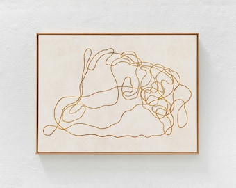 Könnte beinhalten: Abstrakter Kunstdruck mit einer einzigen durchgehenden Linie in Gold auf weißem Hintergrund. Die Linie ist in einem wirbelnden, organischen Muster gezeichnet.