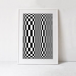 May include: Black and white abstract geometric pattern in a framed print. The pattern creates an optical illusion of a checkered surface that appears to be moving.