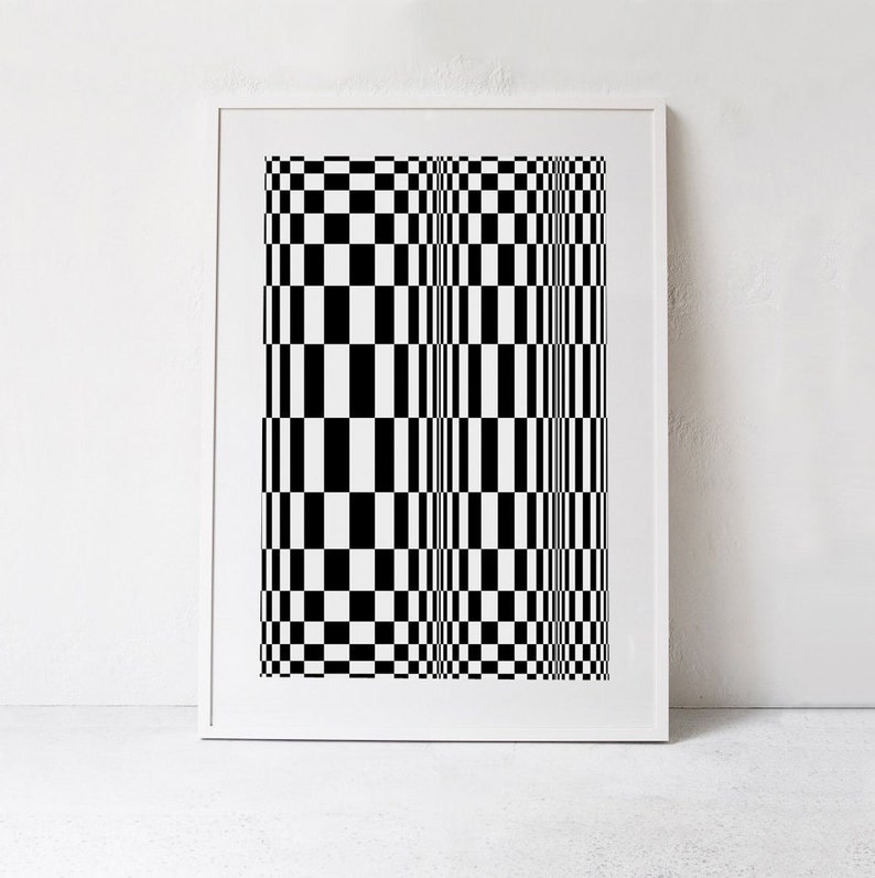 May include: Black and white abstract geometric pattern in a framed print. The pattern creates an optical illusion of a checkered surface that appears to be moving.