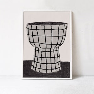 Decoración escandinava moderna a cuadros: impresión artística digital descargable, ilustración de jarrón, póster imprimible para la pared de la cocina, arte simple en blanco y negro