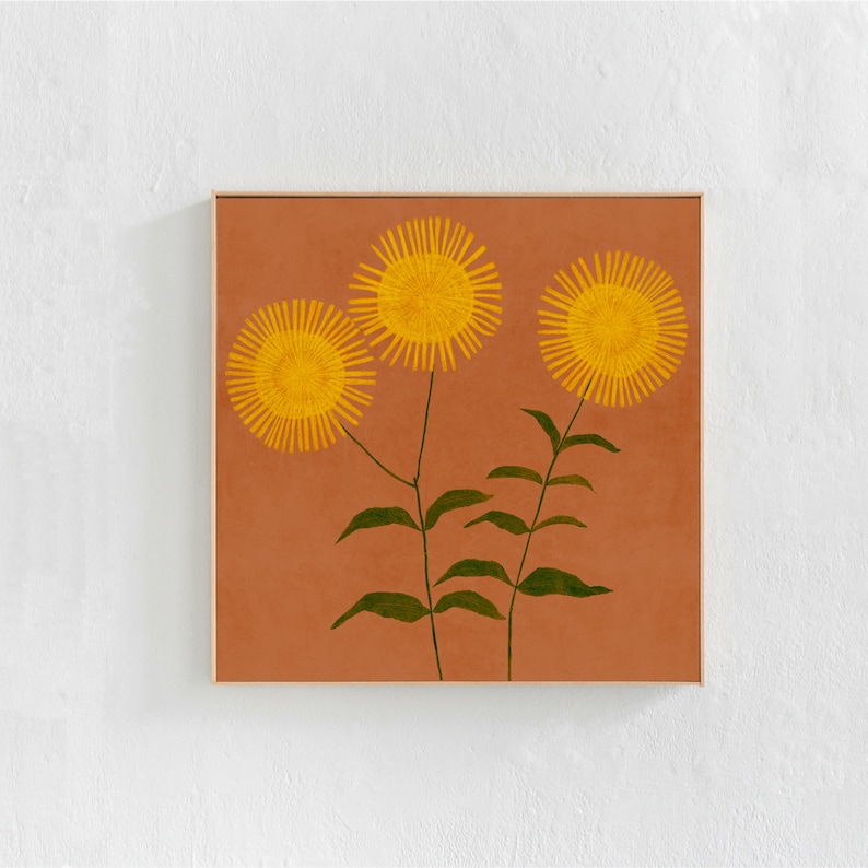Yellow, summer flowers painting: square printable poster artwork download.
Large format downloadable art in orange, yellow and green
Suitable for budget friendly apartment styling, bedroom decor, playroom.
boho eclectic livingroom downloadable print.