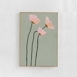 sage green and light pink, floral, botanical painting of poppies. high resolution digital download print for bedroom living room or nursery. large format poster printable art for budget friendly decor