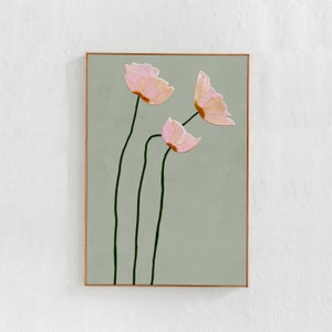 sage green and light pink, floral, botanical painting of poppies. high resolution digital download print for bedroom living room or nursery. large format poster printable art for budget friendly decor