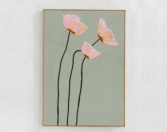 Poppies Printable painting: Sage green pink home cottagecore decor, Floral downloadable wall art print for living room bedroom dorm 24x36