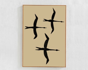 Flying Birds, Beige and black printable wall art, Scandi Living Room Neutral Wall Decor Poster: Digital downloadable art print 24x36, A1