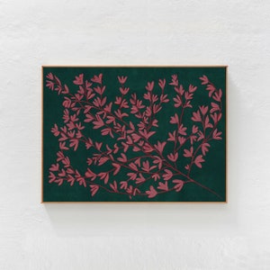 Grün und Pink herunterladbarer Kunstdruck. Grüne druckbare Kunst, Boho Wohndekor, Eklektische Wandkunst, botanische Blumen horizontale Wandkunst 24x36