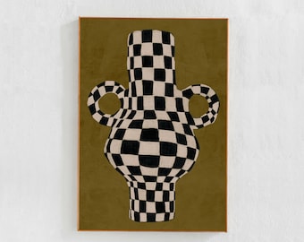 Scandi Modern Checkered Decor: Digital downloadable art print, Contemporary, eclectic Vase painting printable art print, olive green poster