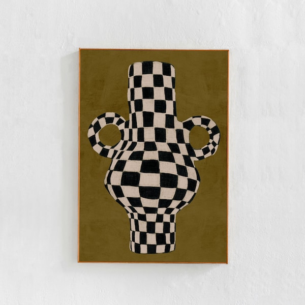 Scandi Modern Checkered Decor: Digital downloadable art print, Contemporary, eclectic Vase painting printable art print, olive green poster