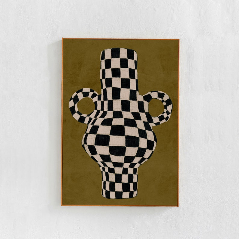 Contemporary, scandinavian style,  checkered vase painting on olive green background : large printable art print poster for apartment decor, interior styling, house staging.