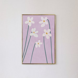 May include: A framed print with a light purple background and five white flowers with yellow centers. The flowers are stylized and have green stems.