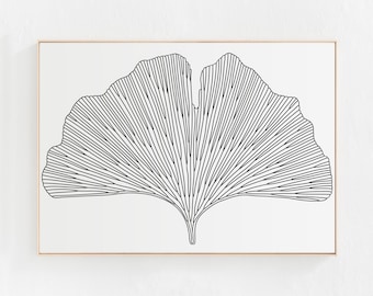 Gingko Print, Minimalist Gingko Leaf Art, Horizontal Black and White Print, Minimalist Botanical Illustration INSTANT DOWNLOAD PRINTABLE Art
