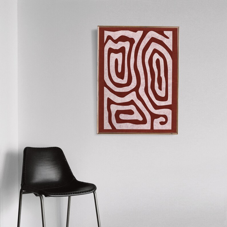 May include: Abstract art print with a white design on a red background. The design is made up of organic shapes and lines.