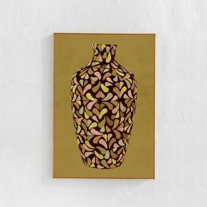 Decoración ecléctica moderna escandinava: impresión artística descargable digital, pintura de jarrón Boho Chic, impresión artística imprimible en amarillo cúrcuma, póster verde oliva