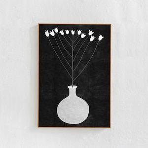 Póster de flor en un jarrón, arte floral imprimible: Impresión descargable en blanco y negro, arte mural. Decoración minimalista escandinava moderna, arte bohemio, 24 x 36