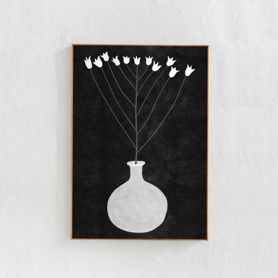 Flower in a Vase Poster, Floral Printable Art: Black and White downloadable print, wall art. Minimalist Scandi Modern Decor, Boho Art 24x36