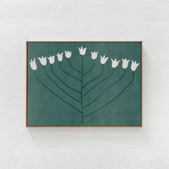 Spring Flower: Scandi Modern Print, Green Floral Printable Wall Art. Horizontal downloadable print, Scandi Boho Decor for Bedroom, DIY Print