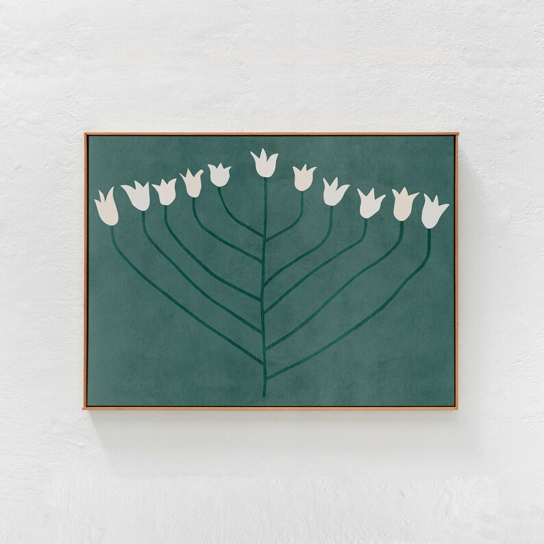 Spring Flower: Scandi Modern Print, Green Floral Printable Wall Art. Horizontal downloadable print, Scandi Boho Decor for Bedroom, DIY Print