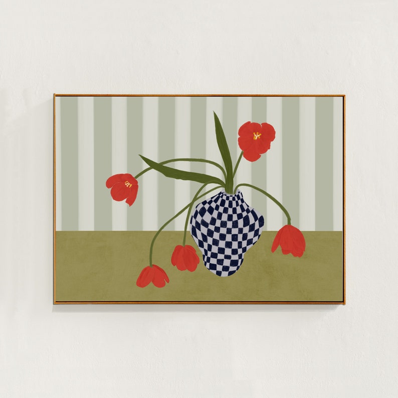 red tulips in a checkered vase: floral, horizontal printable artwork.olive green, sage green and red coloured wall art 

contemporary poster for living room or dorm decor