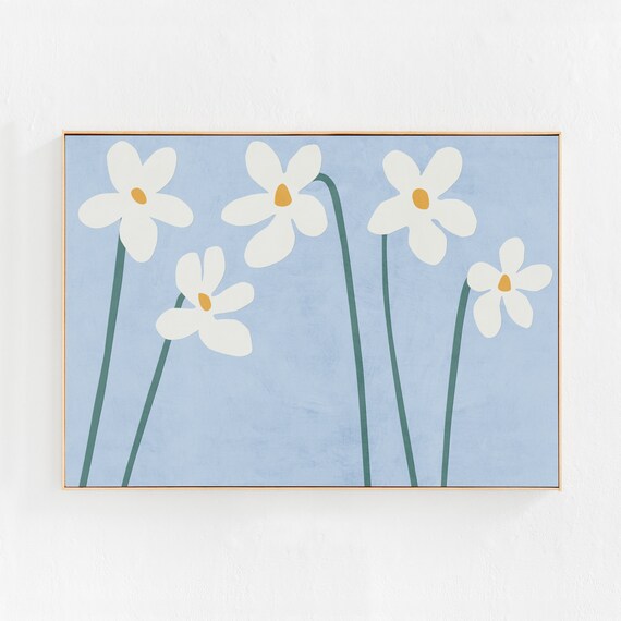 Spring Flowers Printable Art: Modern Scandi Boho Bedroom Light Blue Wall Decor, Floral Wall Art Downloadable Print. Floral Digital Print