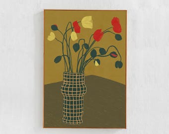 Poppy Flowers Painting Printable, Olive Green Yellow Downloadable Wall Art Print, Poster for Kitchen, Dorm Living Room Decor