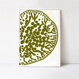 May include: A green abstract print of a circular shape with a textured pattern of dots and lines. The print is on a white background.