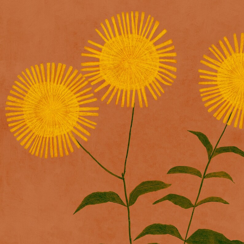 May include: Three yellow stylized flowers with green stems and leaves on a terracotta background.